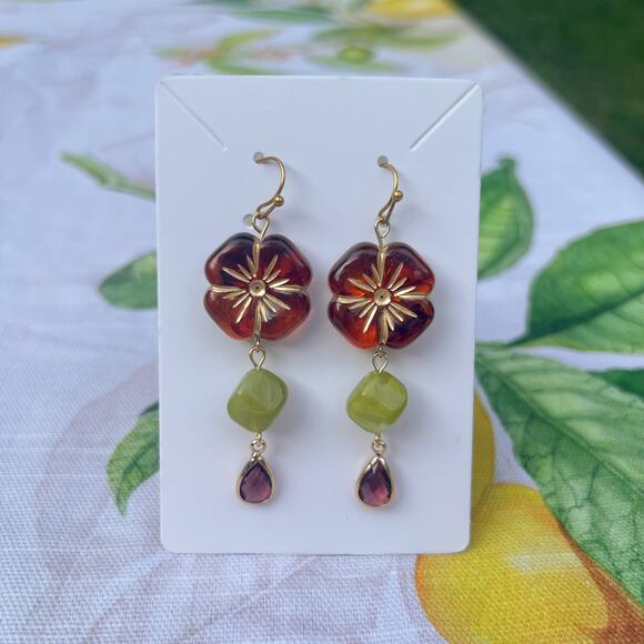 Amber Tone Flower Floral Earthy Bohemian Garnet Olive Green Casual Earrings - Picture 1 of 7